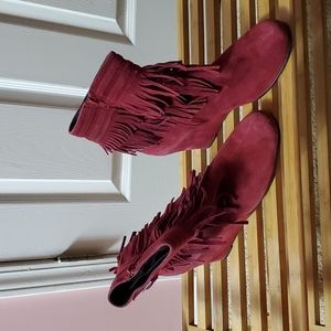 Dark Red Moccasin fringe wedge booties